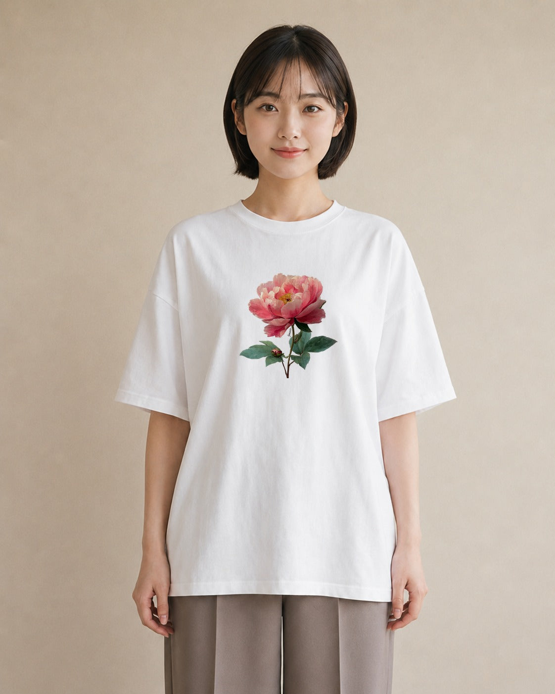 プリントTシャツ レディース 牡丹 花 花柄 イラスト こなれ感 春服 ミセス 白T YMAZO