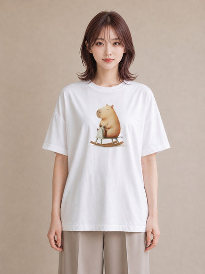 半袖Tシャツ レディース カピバラ かぴばら 動物 アニマル イラスト カフェコーデ 散歩 お出かけ 白T YMAZO