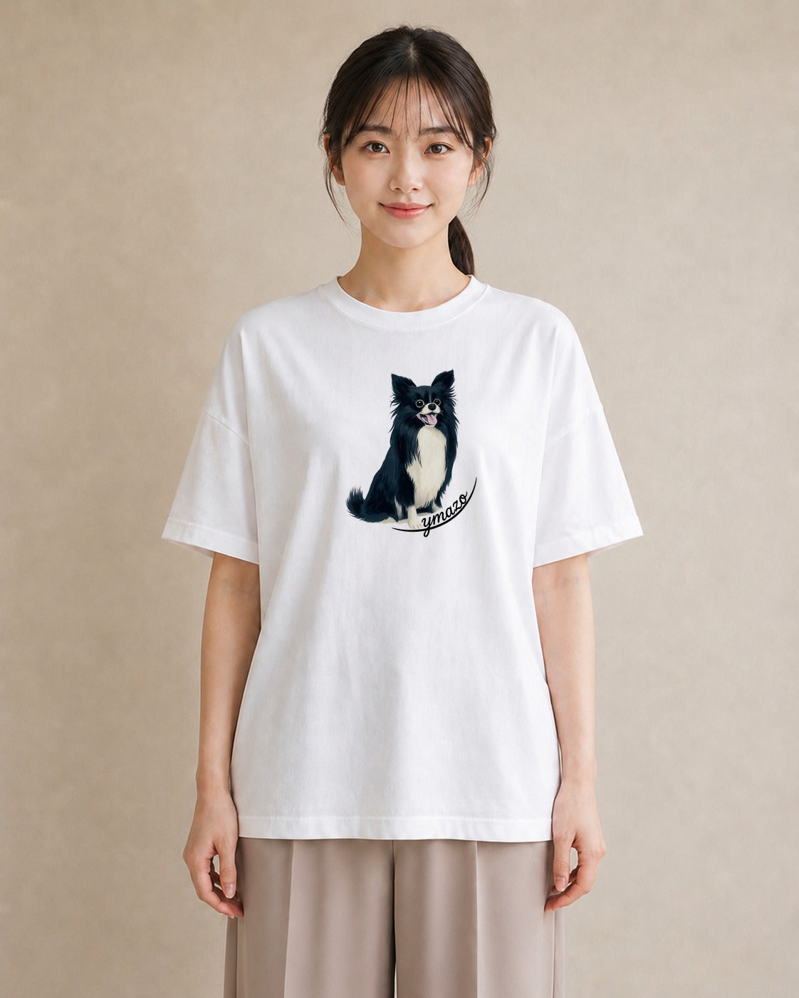 プリントTシャツ レディース ロングコートチワワ 犬 いぬ イラスト シック お出かけ 普段着 白T YMAZO