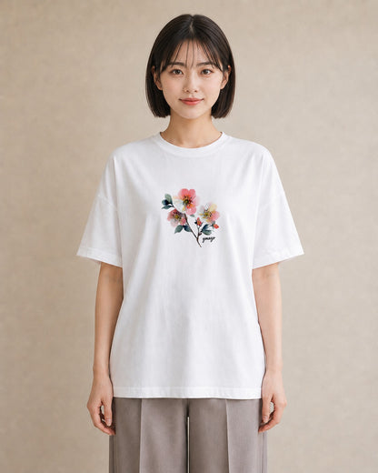 デザインTシャツ レディース 椿 花 花柄 イラスト モード 敬老の日 ホワイトデー 白T YMAZO