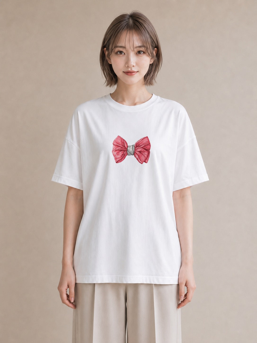 デザインTシャツ レディース リボン 蝶結び ナチュラル アンティーク イラスト 淡色 お揃い 親子 白T YMAZO