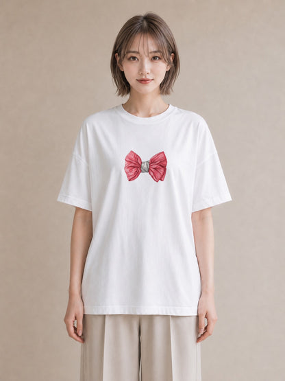 デザインTシャツ レディース リボン 蝶結び ナチュラル アンティーク イラスト 淡色 お揃い 親子 白T YMAZO