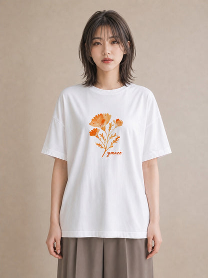 半袖Tシャツ レディース クローバー 四つ葉 花 花柄 イラスト 線画 カフェ服 クリスマス 白T