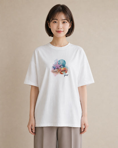 半袖Tシャツ レディース カニ 海の生き物 海 イラスト ユニーク 親子 20代 白T YMAZO
