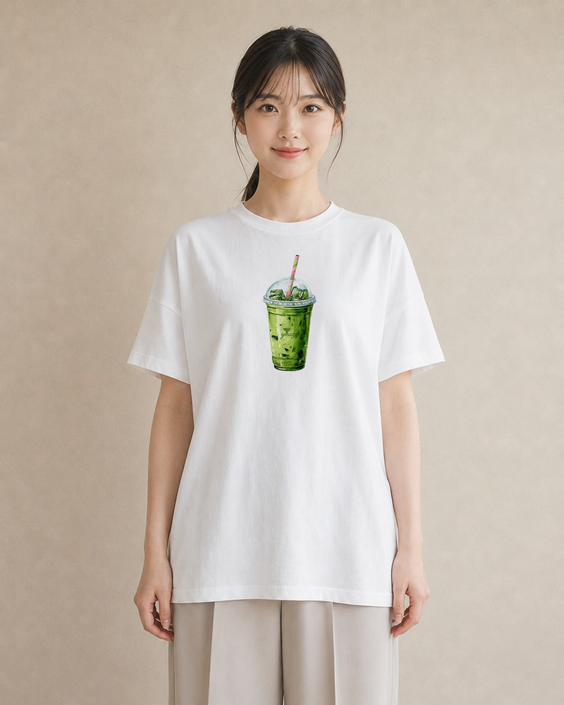 デザインTシャツ レディース 抹茶 食べ物 フード イラスト 抜け感 ラフ レイヤード 白T YMAZO
