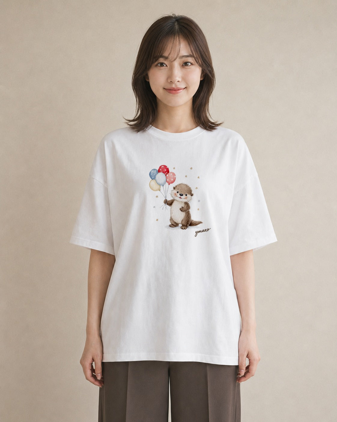 デザインTシャツ レディース カワウソ 動物 アニマル イラスト 旅行コーデ 旅行 母娘コーデ 白T YMAZO