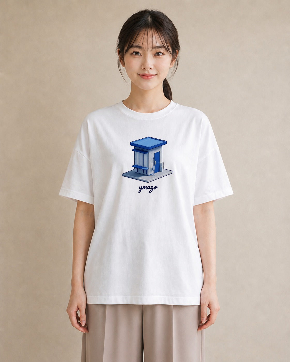 グラフィックTシャツ レディース 駅のホーム ローカル線 駅 ナチュラル アンティーク イラスト 水彩風 友達ギフト 部屋着 白T YMAZO