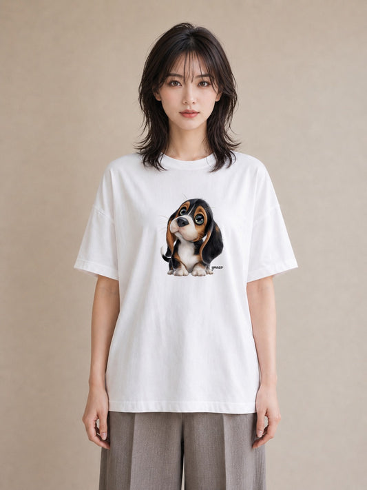 半袖Tシャツ レディース ビーグル 犬 いぬ イラスト 旅行コーデ 通勤 在宅 白T YMAZO