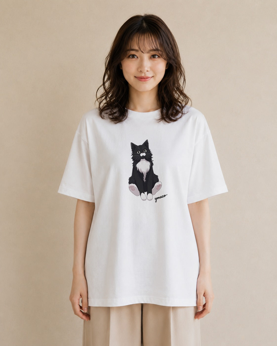 Tシャツ レディース ハチワレ 白黒猫 猫 ねこ イラスト きれいめ 通勤 在宅 白T YMAZO