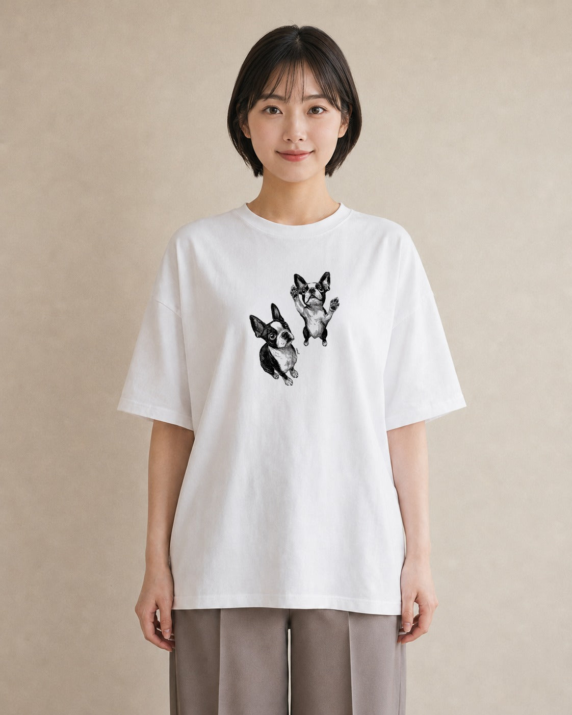 半袖Tシャツ レディース ボストンテリア 犬 いぬ イラスト ヴィンテージ風 秋コーデ おしゃれギフト 白T YMAZO