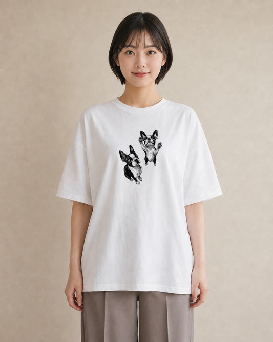 半袖Tシャツ レディース ボストンテリア 犬 いぬ イラスト ヴィンテージ風 秋コーデ おしゃれギフト 白T YMAZO
