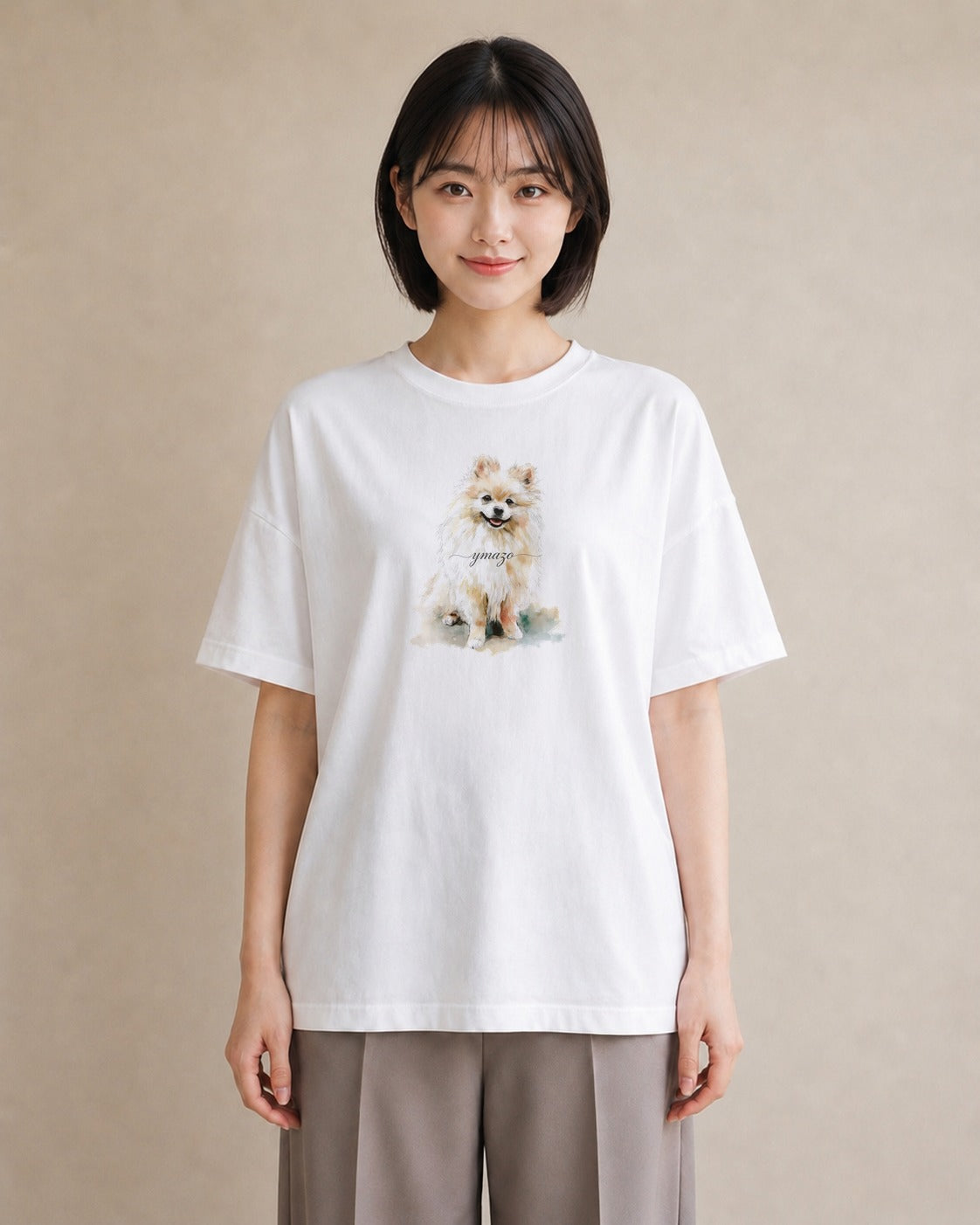 プリントTシャツ レディース ポメラニアン ポメ 犬 いぬ イラスト きれいめカジュアル 自分用 ルームウェア 白T YMAZO