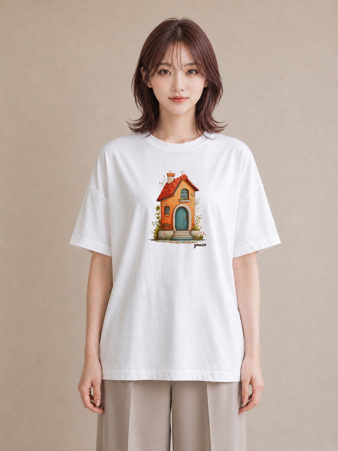グラフィックTシャツ レディース 灯りの家 小屋 夜 ナチュラル アンティーク イラスト モード 友達ギフト 部屋着 白T YMAZO