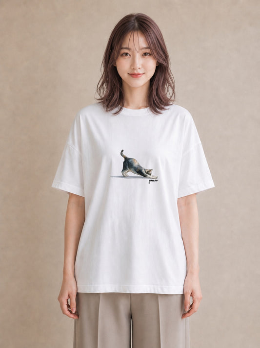 半袖Tシャツ レディース おすわり猫 猫 ねこ イラスト 淡色 送別ギフト 通勤 白T YMAZO