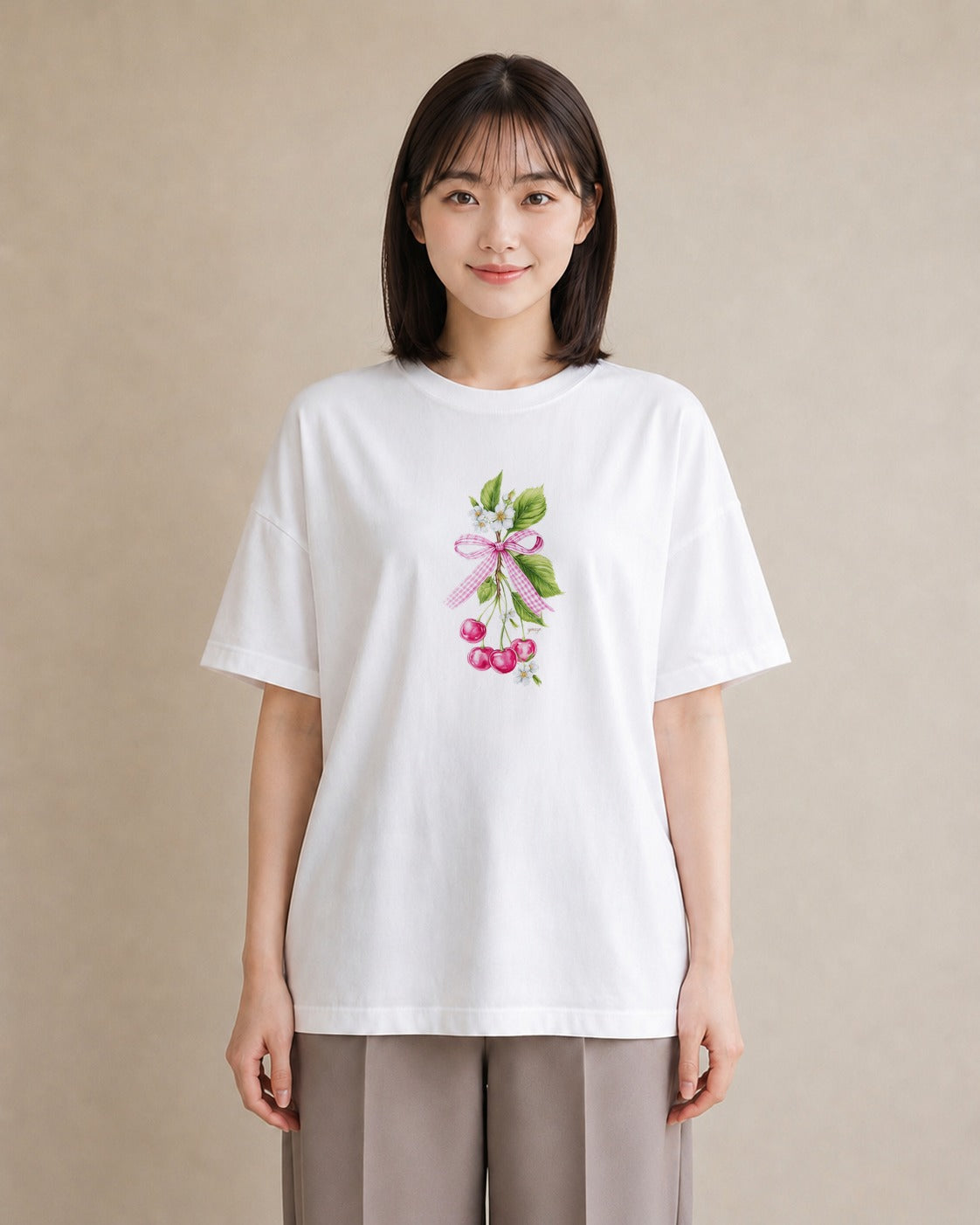 デザインTシャツ レディース さくらんぼ チェリー 食べ物 フード イラスト レトロ 自分用 ルームウェア 白T YMAZO