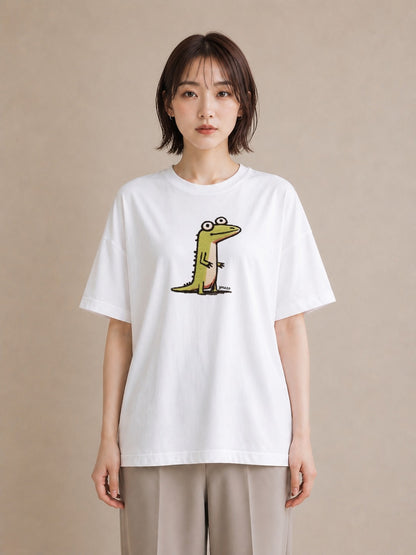 デザインTシャツ レディース ヤモリ ペット 動物 イラスト ヴィンテージ風 海 カフェ巡り 白T YMAZO