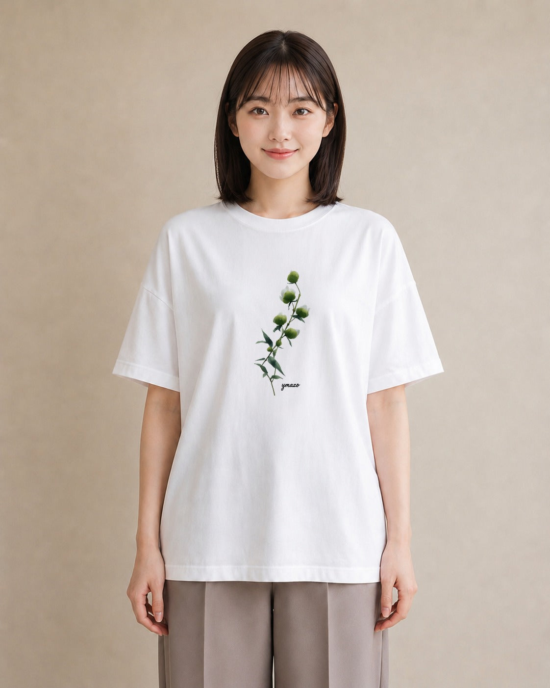 デザインTシャツ レディース ガラス瓶 小枝 ボタニカル ナチュラル アンティーク イラスト アート風 自分用 ルームウェア 白T YMAZO