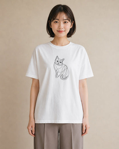 グラフィックTシャツ レディース 猫 ねこ ネコ イラスト 線画 散歩 お出かけ 白T YMAZO