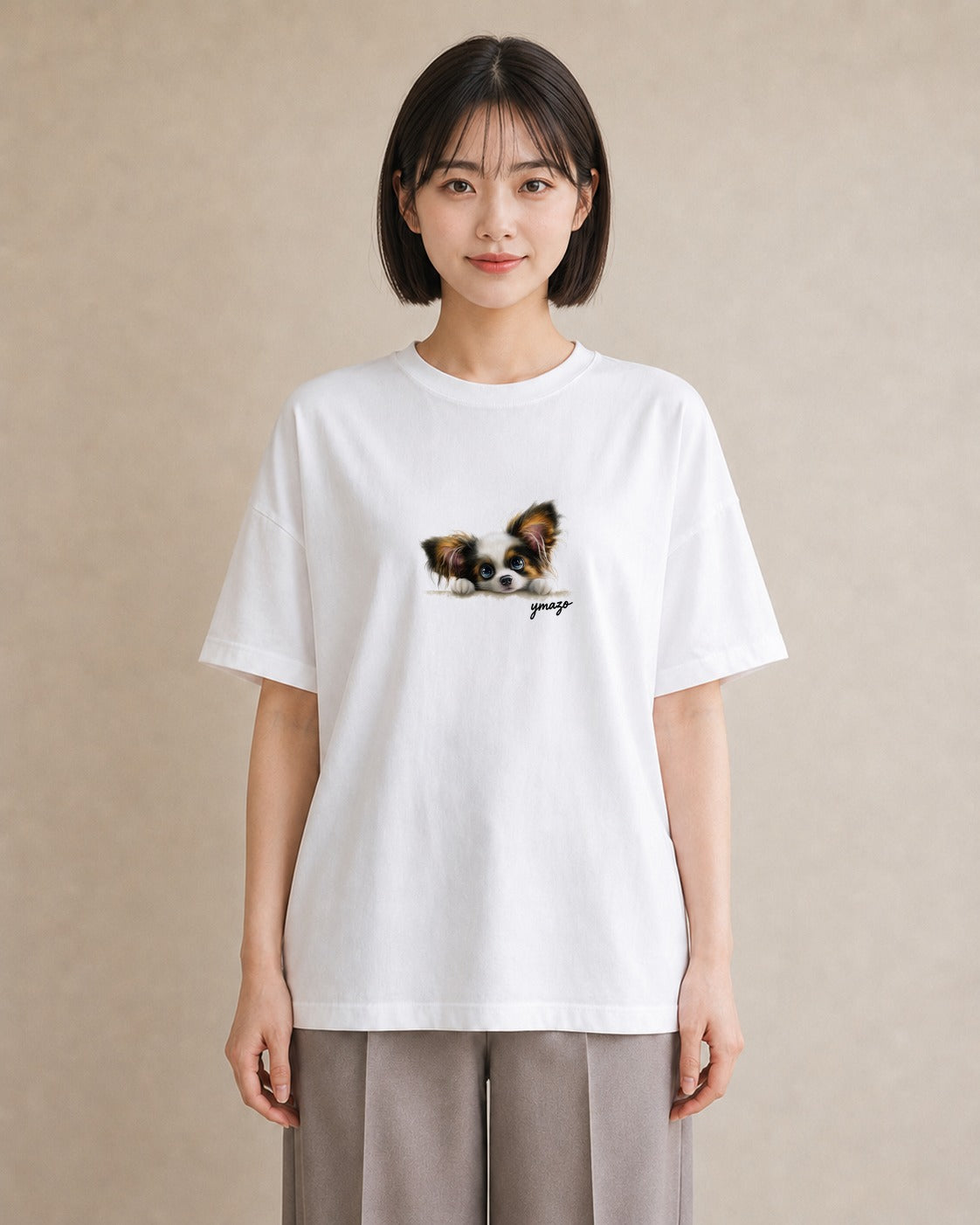 グラフィックTシャツ レディース パピヨン 犬 いぬ イラスト きれいめ ミセス 春コーデ 白T YMAZO