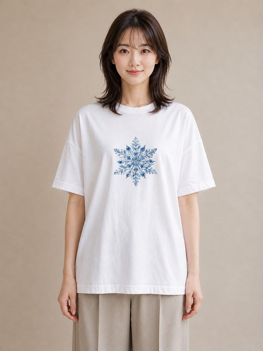 プリントTシャツ レディース 雪 星空 宇宙 イラスト 上品 お出かけ 普段着 白T YMAZO