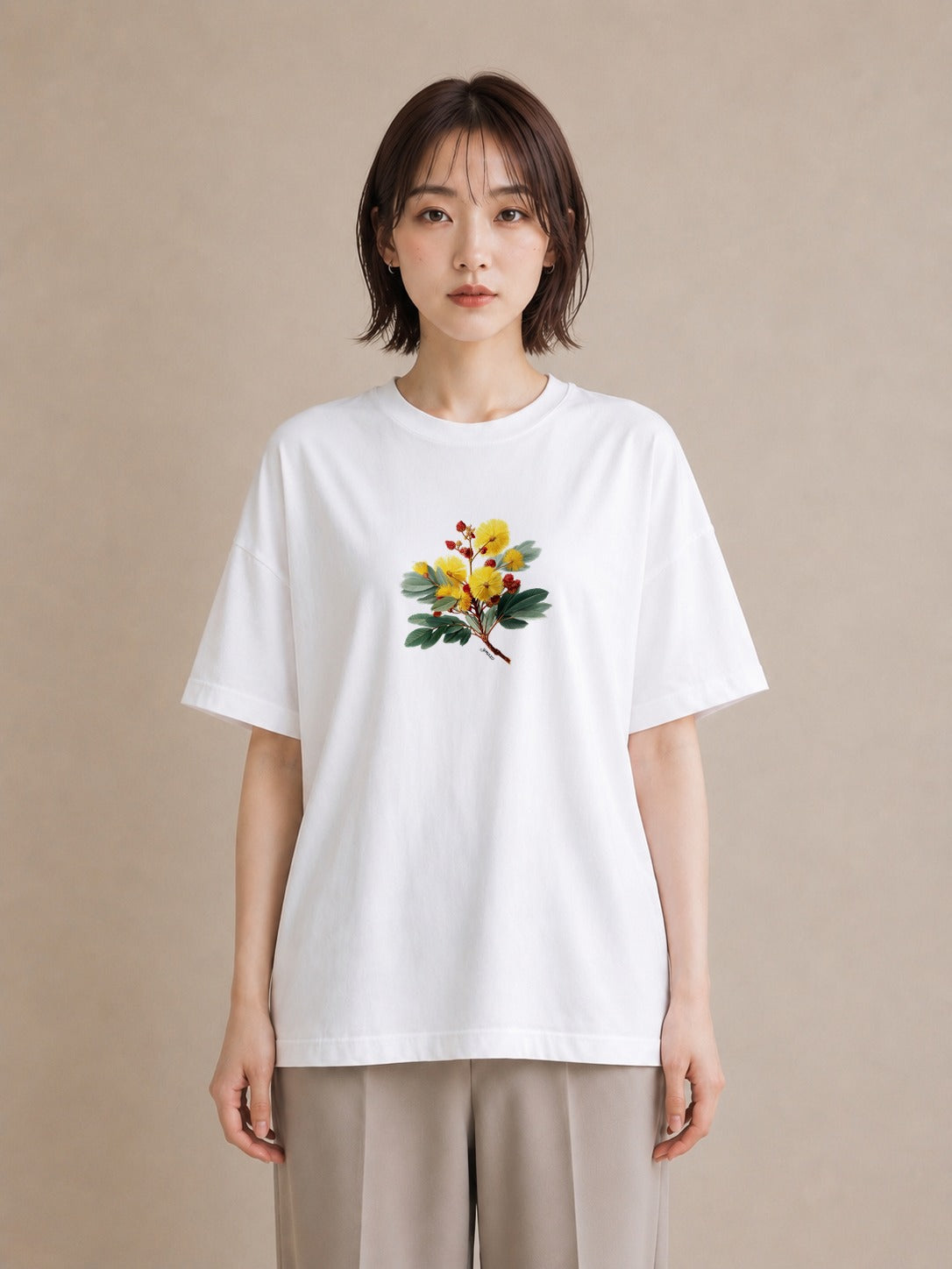 プリントTシャツ レディース ミモザ 花 花柄 イラスト ラフカジュアル カフェ服 クリスマス 白T