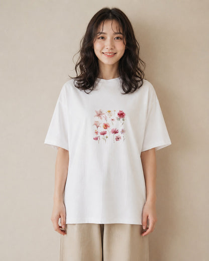 プリントTシャツ レディース コスモス 秋桜 花 花柄 イラスト 韓国風 部屋着 女性向けギフト 白T