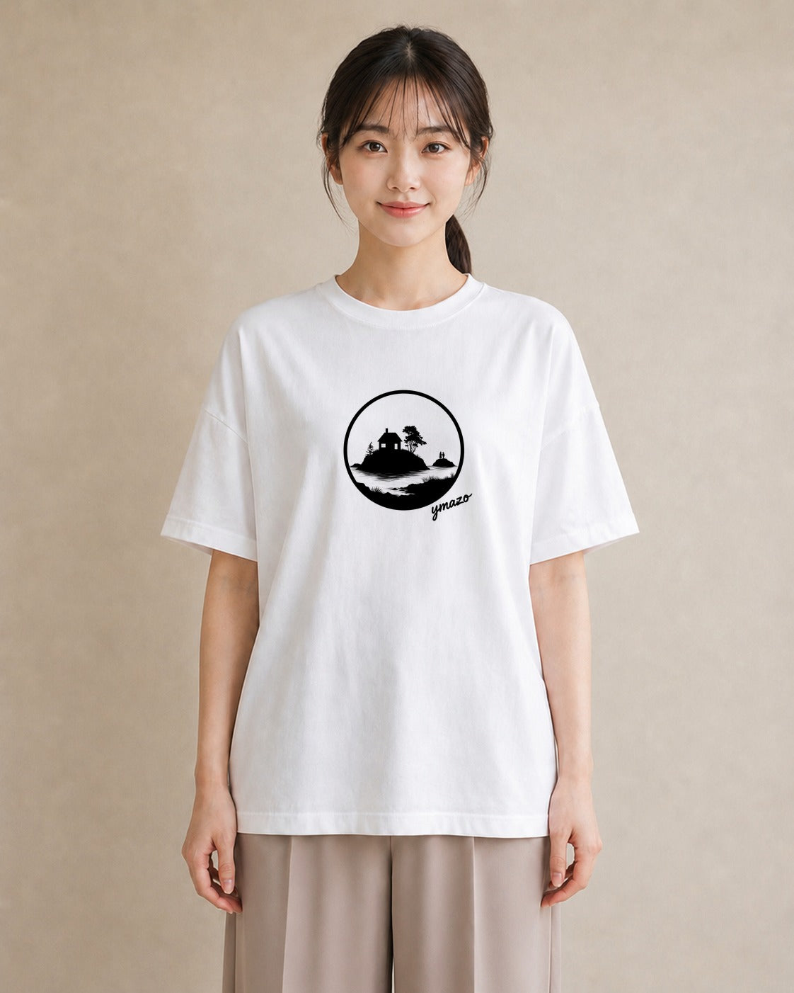 デザインTシャツ レディース 湖畔の小屋 湖 小屋 ナチュラル アンティーク イラスト モード 散歩 お出かけ 白T YMAZO