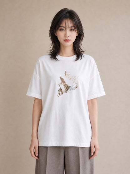 グラフィックTシャツ レディース 貝 海の生き物 海 イラスト 北欧風 通勤 在宅 白T YMAZO