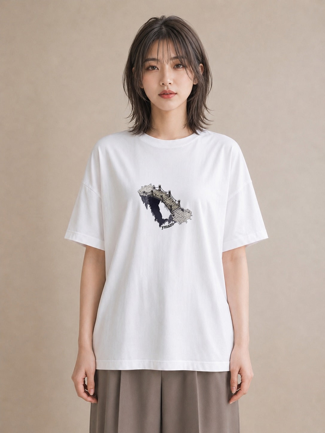 Tシャツ レディース 小川 橋 せせらぎ ナチュラル アンティーク イラスト ラフ 旅行用 海 白T YMAZO