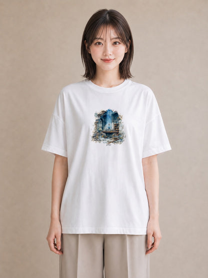 プリントTシャツ レディース 駅のホーム ローカル線 駅 ナチュラル アンティーク イラスト 韓国風 海 カフェ巡り 白T YMAZO