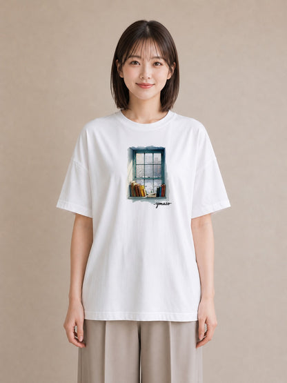 グラフィックTシャツ レディース 窓辺の雨 雨の日 窓 ナチュラル アンティーク イラスト 公園 ママ 白T YMAZO