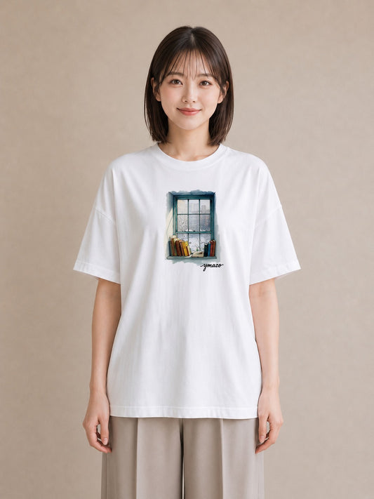 グラフィックTシャツ レディース 窓辺の雨 雨の日 窓 ナチュラル アンティーク イラスト 公園 ママ 白T