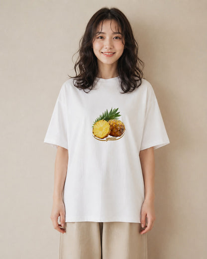 デザインTシャツ レディース パイナップル 食べ物 フード イラスト ゆるかわ 社会人 女性 白T YMAZO