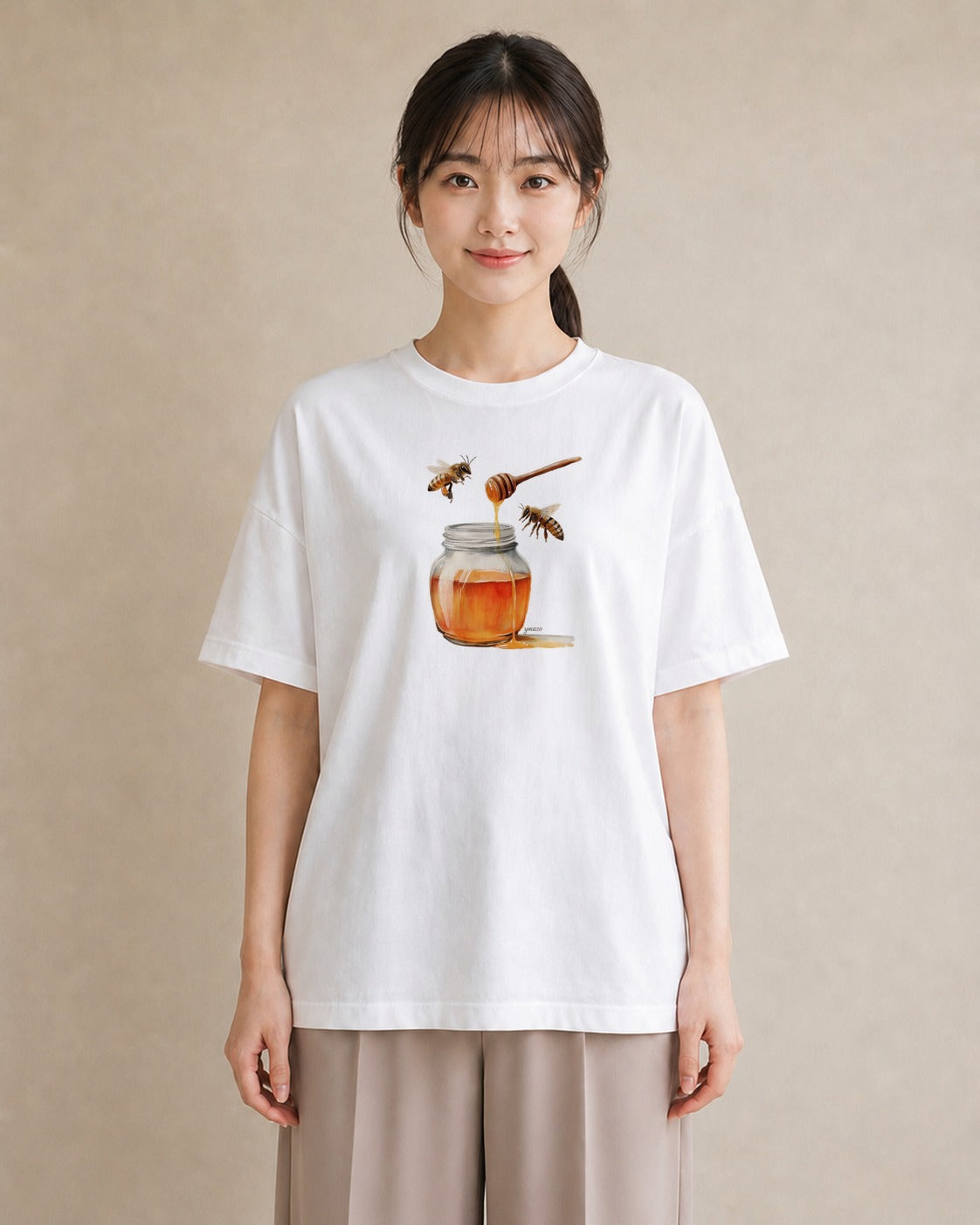半袖Tシャツ レディース みつばち 昆虫 虫 イラスト ラフカジュアル 女性 旅行用 白T YMAZO