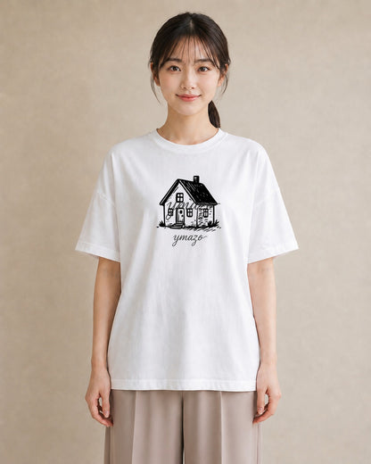 グラフィックTシャツ レディース 灯りの家 小屋 夜 ナチュラル アンティーク イラスト きれいめ カフェ巡り 女子会 白T YMAZO