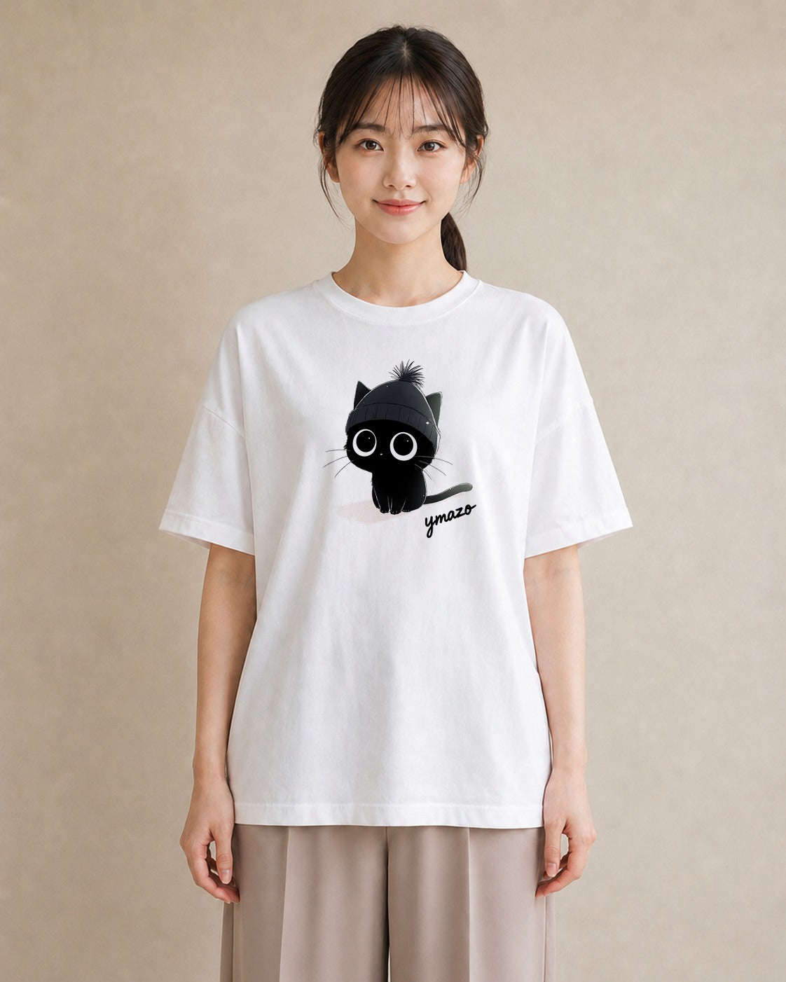 プリントTシャツ レディース 黒猫 猫 ねこ イラスト アート風 通勤 在宅 白T YMAZO