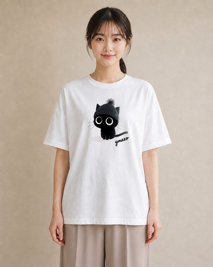 プリントTシャツ レディース 黒猫 猫 ねこ イラスト アート風 通勤 在宅 白T YMAZO