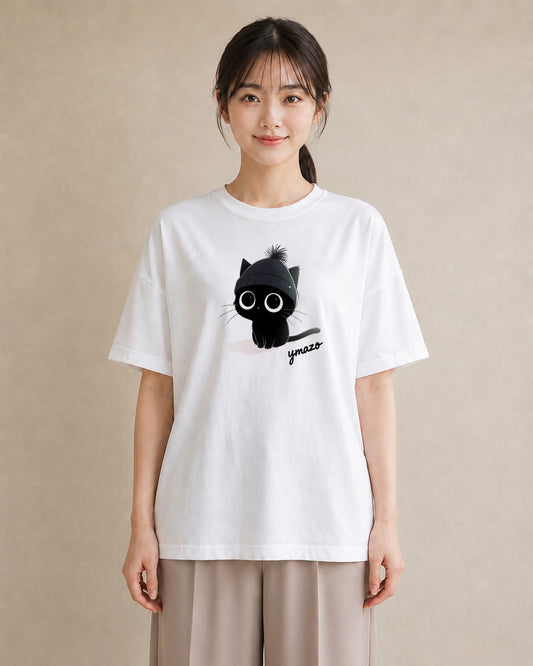 プリントTシャツ レディース 黒猫 猫 ねこ イラスト アート風 通勤 在宅 白T YMAZO