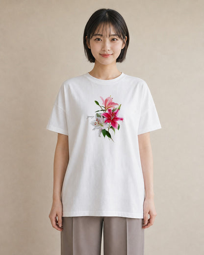 半袖Tシャツ レディース ゆり 百合 花 花柄 イラスト 韓国風 部屋着 女性向けギフト 白T