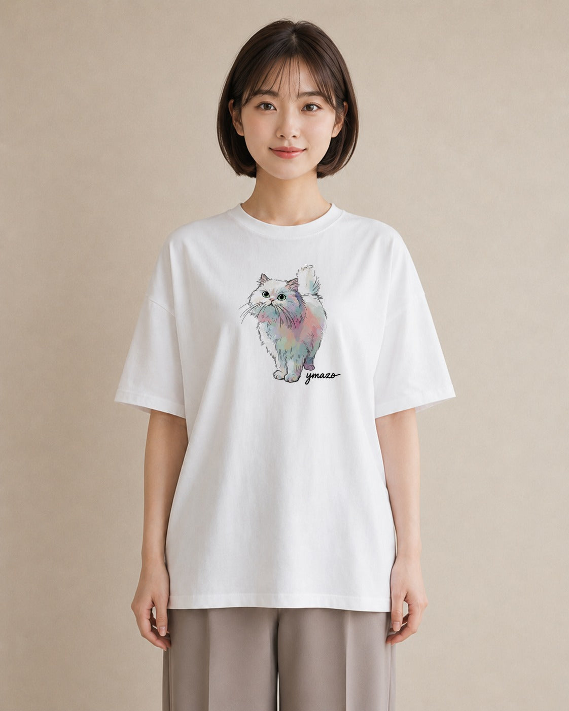 Tシャツ レディース おすわり猫 猫 ねこ イラスト モード ママ カフェ服 白T YMAZO