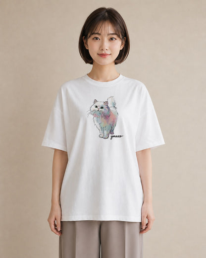 Tシャツ レディース おすわり猫 猫 ねこ イラスト モード ママ カフェ服 白T YMAZO