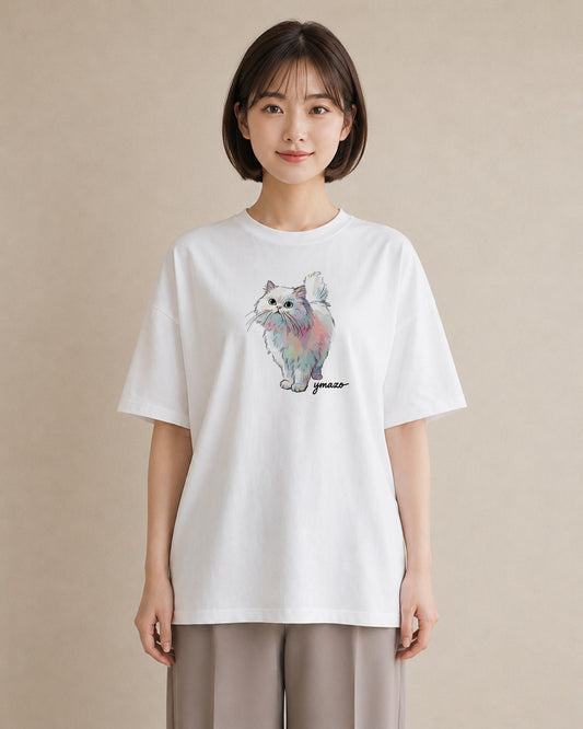 Tシャツ レディース おすわり猫 猫 ねこ イラスト モード ママ カフェ服 白T YMAZO