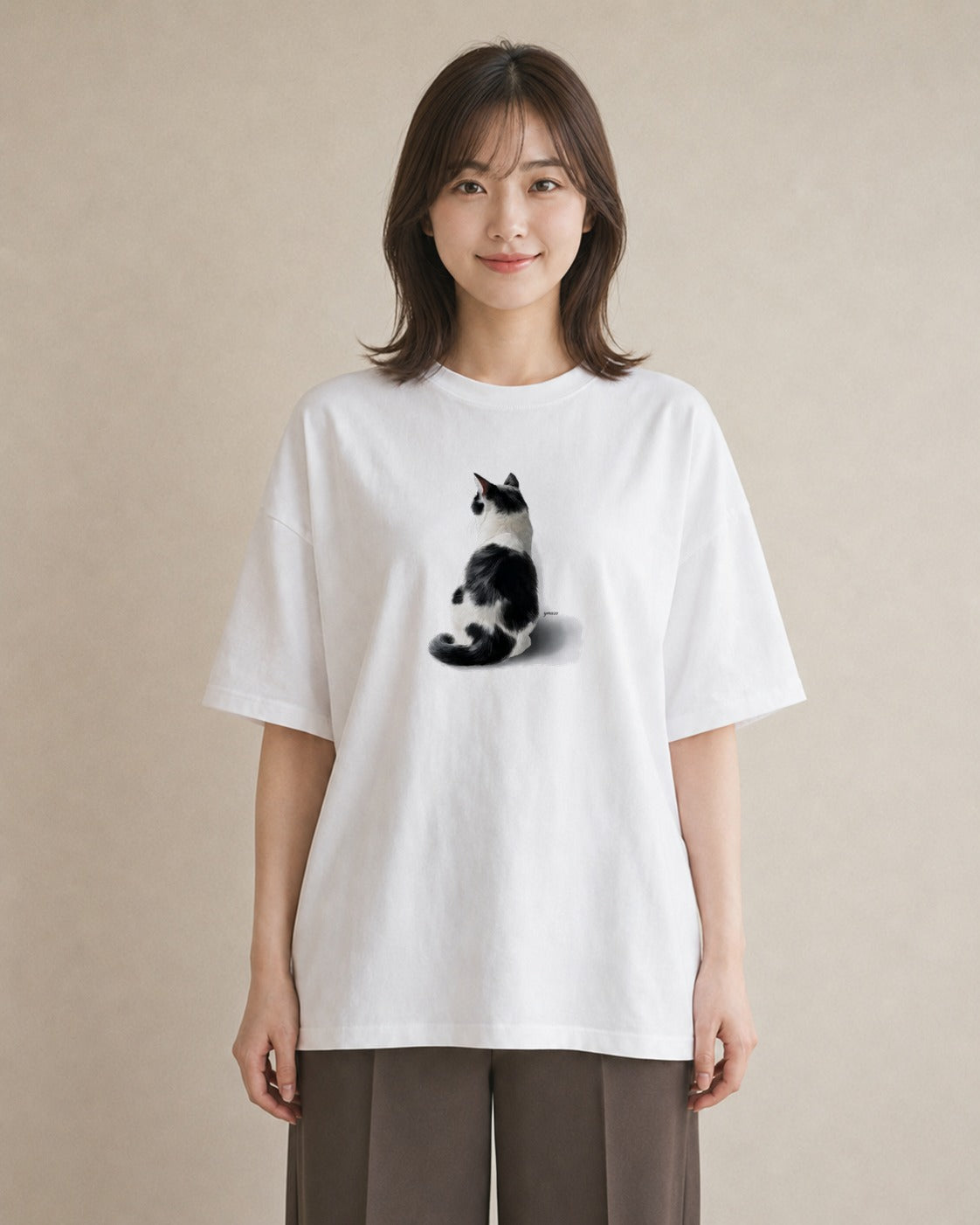 グラフィックTシャツ レディース 三毛猫 みけねこ 三毛 猫 ねこ イラスト アート風 海 カフェ巡り 白T YMAZO