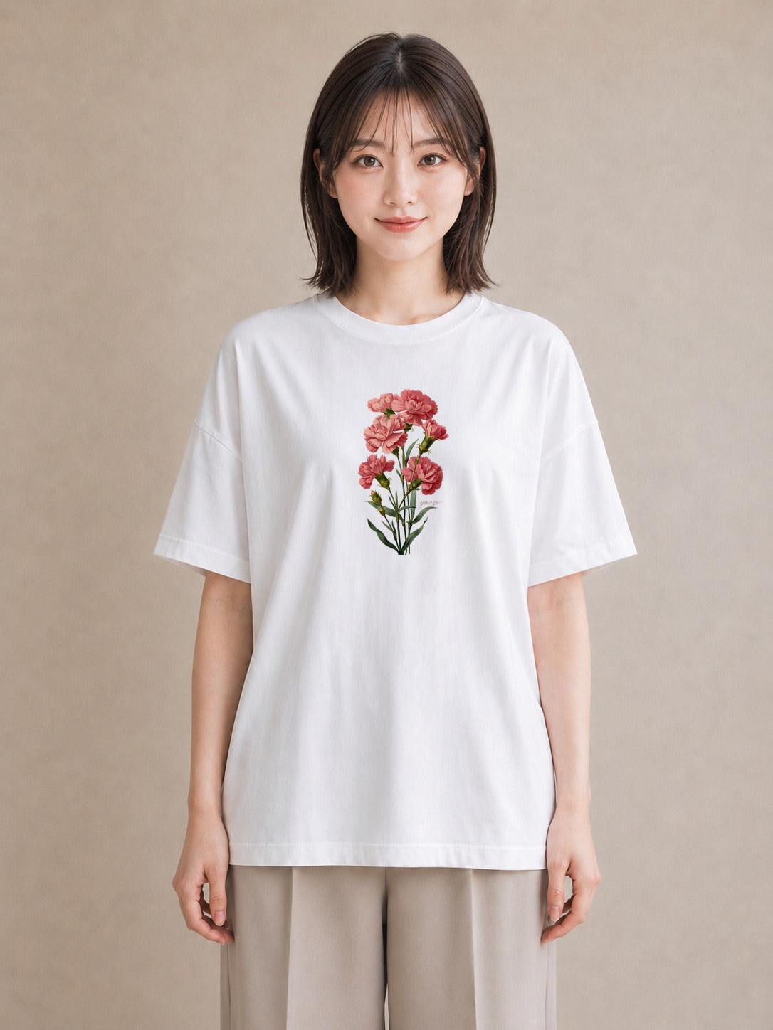デザインTシャツ レディース カーネーション 花 花柄 イラスト 休日コーデ 春服 ミセス 白T YMAZO