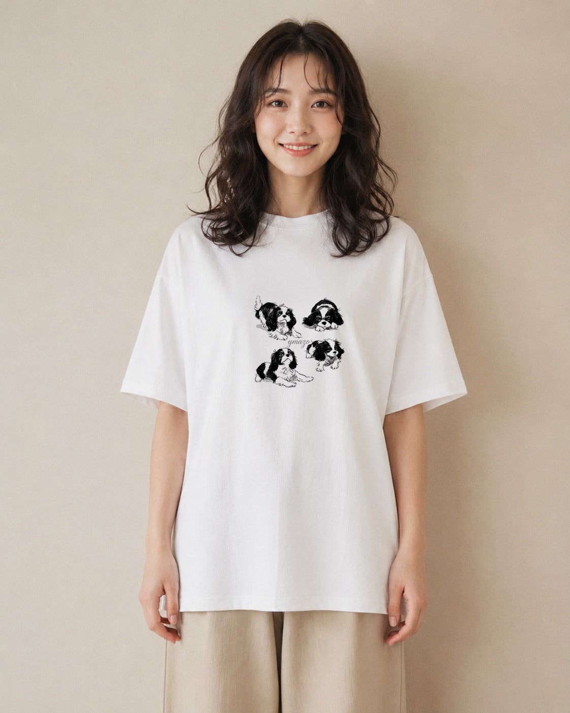 Tシャツ レディース キャバリア 犬 いぬ イラスト ミセス 春コーデ 白T YMAZO
