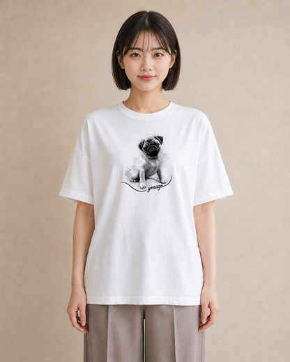 半袖Tシャツ レディース パグ 犬 いぬ イラスト ミニマル 散歩 お出かけ 白T YMAZO