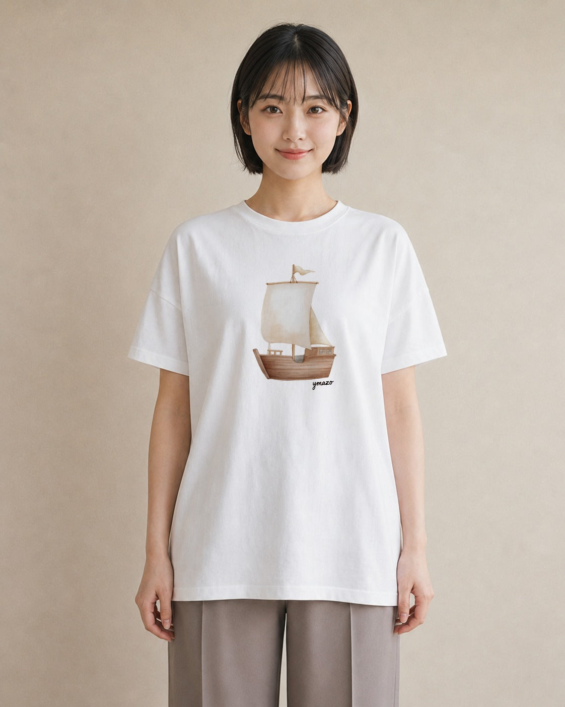 Tシャツ レディース 紙の船 水辺 ナチュラル アンティーク イラスト きれいめカジュアル 友達ギフト 部屋着 白T YMAZO