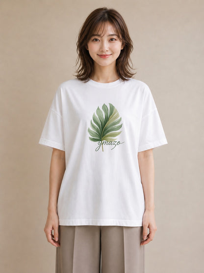プリントTシャツ レディース 新緑 植物 ボタニカル イラスト 上品 海 カフェ巡り 白T YMAZO
