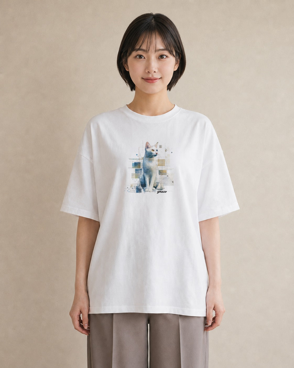 Tシャツ レディース ロシアンブルー 猫 ねこ イラスト ラフカジュアル 女性 旅行用 白T YMAZO