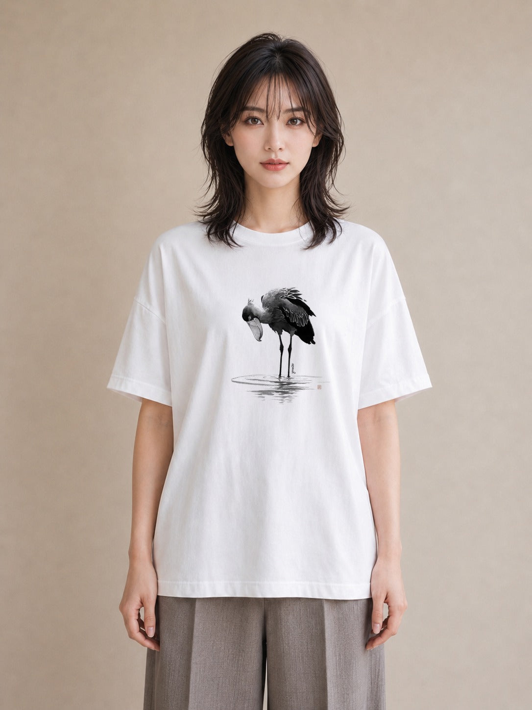 半袖Tシャツ レディース ハシビロコウ 動物 アニマル イラスト アート風 ママ カフェ服 白T YMAZO
